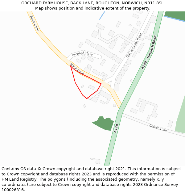 ORCHARD FARMHOUSE, BACK LANE, ROUGHTON, NORWICH, NR11 8SL: Location map and indicative extent of plot