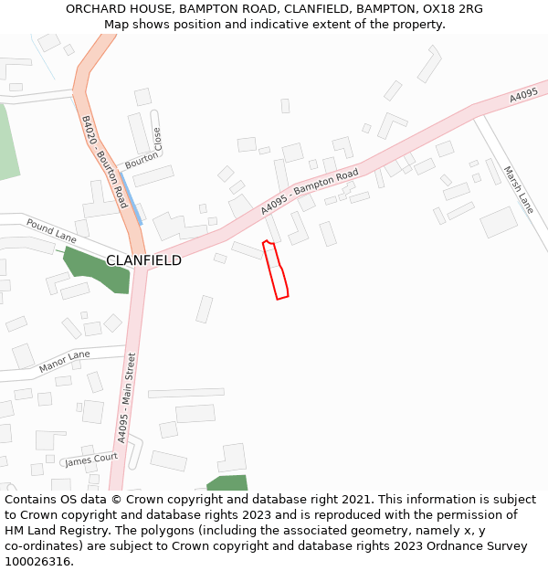 ORCHARD HOUSE, BAMPTON ROAD, CLANFIELD, BAMPTON, OX18 2RG: Location map and indicative extent of plot