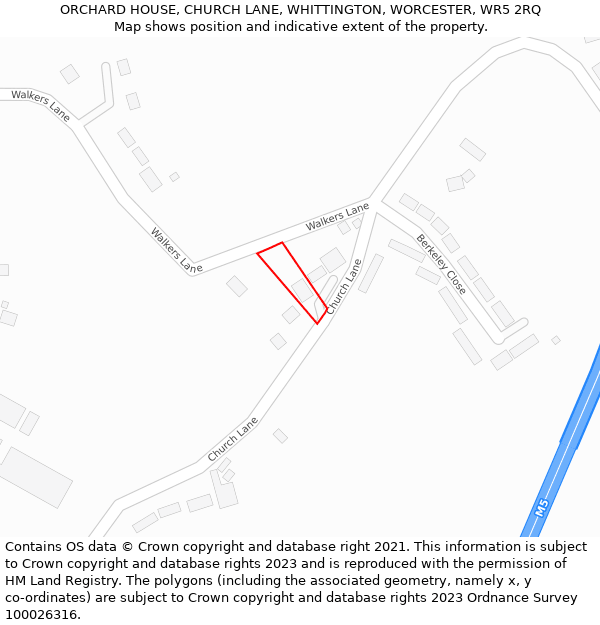 ORCHARD HOUSE, CHURCH LANE, WHITTINGTON, WORCESTER, WR5 2RQ: Location map and indicative extent of plot