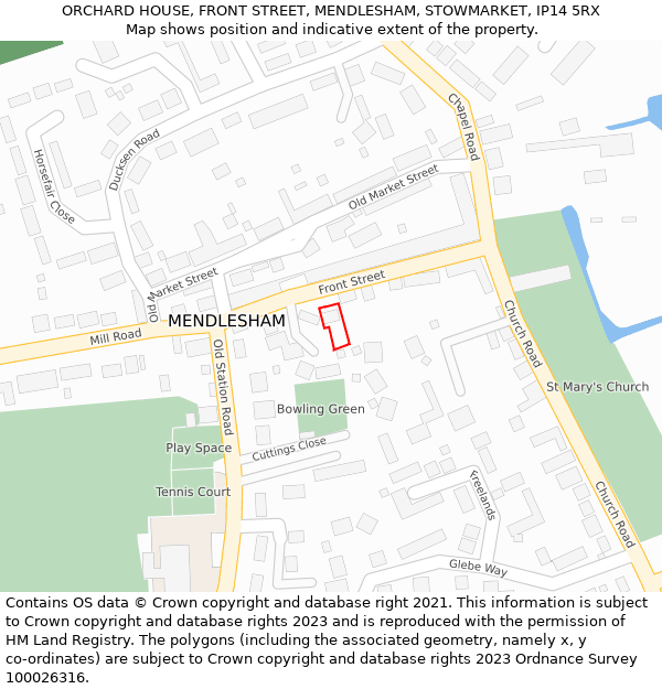 ORCHARD HOUSE, FRONT STREET, MENDLESHAM, STOWMARKET, IP14 5RX: Location map and indicative extent of plot