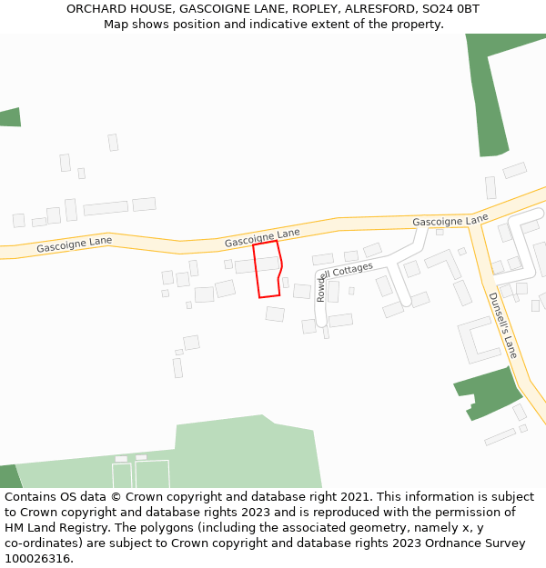 ORCHARD HOUSE, GASCOIGNE LANE, ROPLEY, ALRESFORD, SO24 0BT: Location map and indicative extent of plot