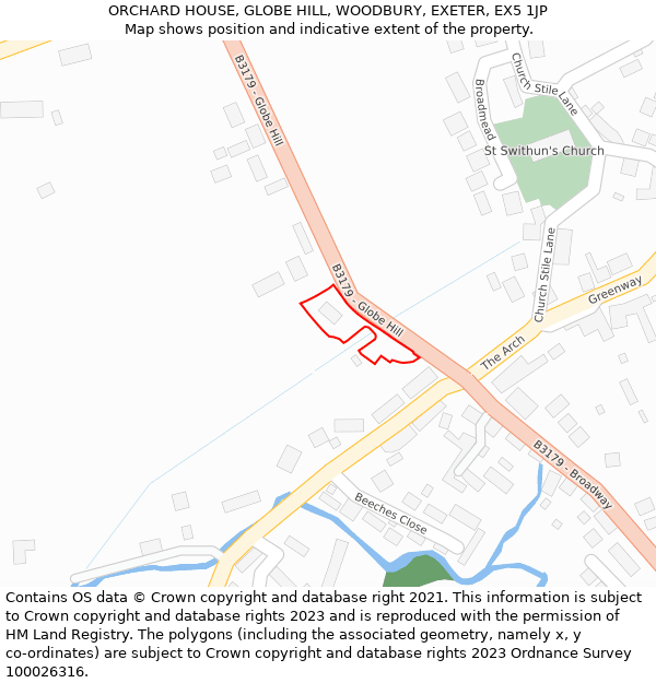 ORCHARD HOUSE, GLOBE HILL, WOODBURY, EXETER, EX5 1JP: Location map and indicative extent of plot