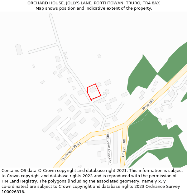 ORCHARD HOUSE, JOLLYS LANE, PORTHTOWAN, TRURO, TR4 8AX: Location map and indicative extent of plot