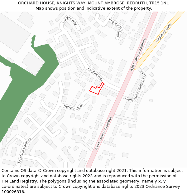 ORCHARD HOUSE, KNIGHTS WAY, MOUNT AMBROSE, REDRUTH, TR15 1NL: Location map and indicative extent of plot