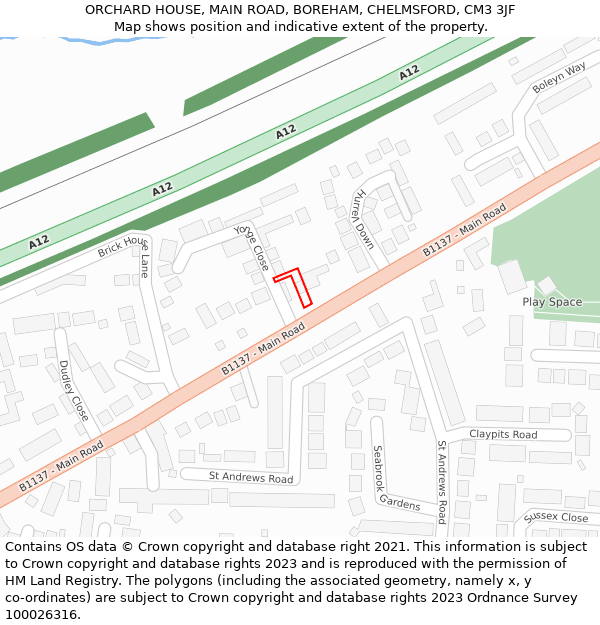 ORCHARD HOUSE, MAIN ROAD, BOREHAM, CHELMSFORD, CM3 3JF: Location map and indicative extent of plot