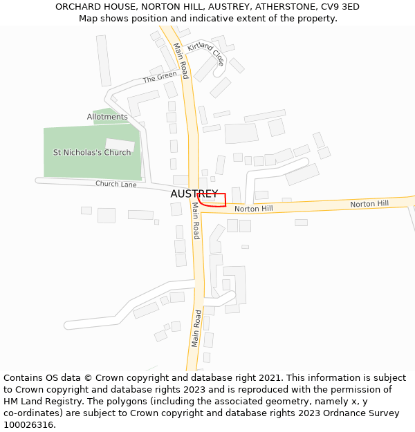 ORCHARD HOUSE, NORTON HILL, AUSTREY, ATHERSTONE, CV9 3ED: Location map and indicative extent of plot