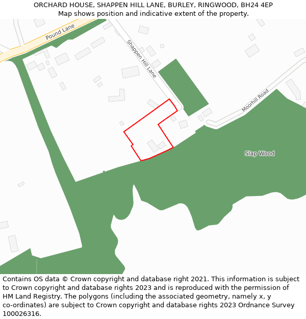 ORCHARD HOUSE, SHAPPEN HILL LANE, BURLEY, RINGWOOD, BH24 4EP: Location map and indicative extent of plot