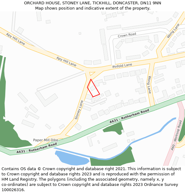 ORCHARD HOUSE, STONEY LANE, TICKHILL, DONCASTER, DN11 9NN: Location map and indicative extent of plot