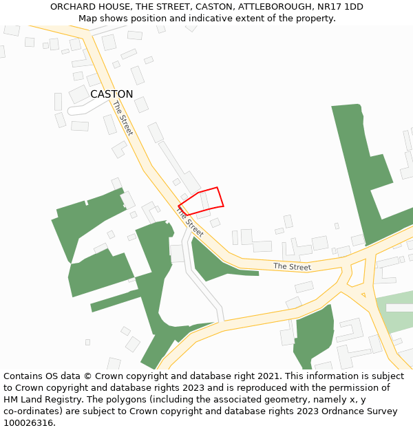 ORCHARD HOUSE, THE STREET, CASTON, ATTLEBOROUGH, NR17 1DD: Location map and indicative extent of plot
