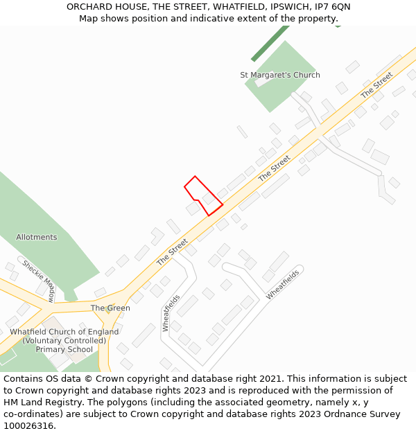 ORCHARD HOUSE, THE STREET, WHATFIELD, IPSWICH, IP7 6QN: Location map and indicative extent of plot