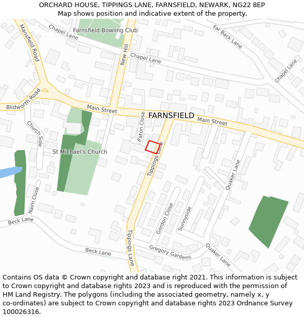 ORCHARD HOUSE, TIPPINGS LANE, FARNSFIELD, NEWARK, NG22 8EP: Location map and indicative extent of plot