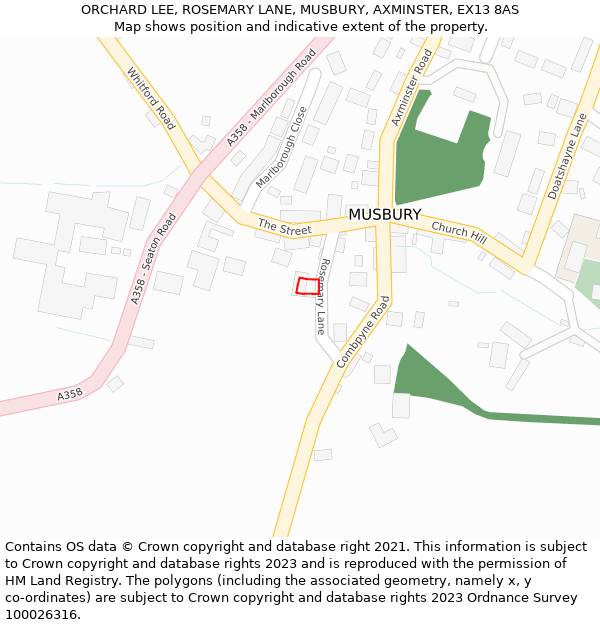 ORCHARD LEE, ROSEMARY LANE, MUSBURY, AXMINSTER, EX13 8AS: Location map and indicative extent of plot