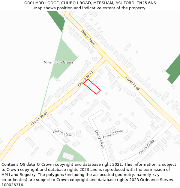 ORCHARD LODGE, CHURCH ROAD, MERSHAM, ASHFORD, TN25 6NS: Location map and indicative extent of plot