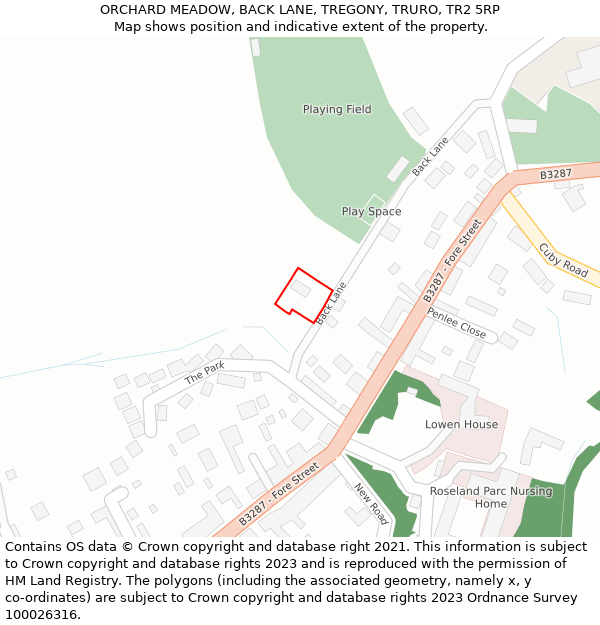 ORCHARD MEADOW, BACK LANE, TREGONY, TRURO, TR2 5RP: Location map and indicative extent of plot