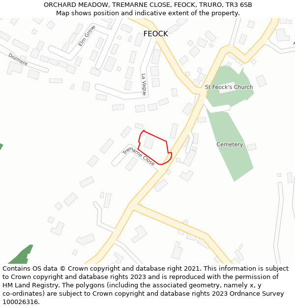 ORCHARD MEADOW, TREMARNE CLOSE, FEOCK, TRURO, TR3 6SB: Location map and indicative extent of plot