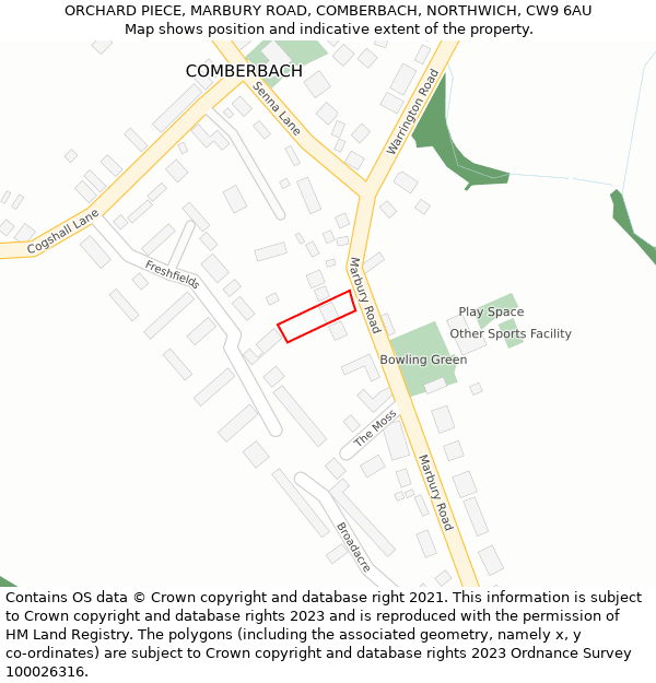 ORCHARD PIECE, MARBURY ROAD, COMBERBACH, NORTHWICH, CW9 6AU: Location map and indicative extent of plot