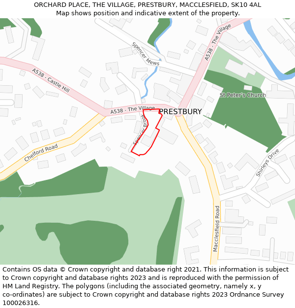 ORCHARD PLACE, THE VILLAGE, PRESTBURY, MACCLESFIELD, SK10 4AL: Location map and indicative extent of plot