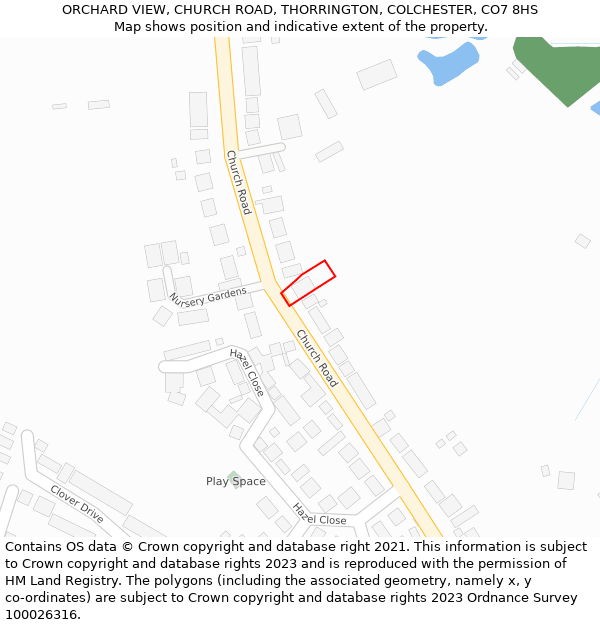 ORCHARD VIEW, CHURCH ROAD, THORRINGTON, COLCHESTER, CO7 8HS: Location map and indicative extent of plot