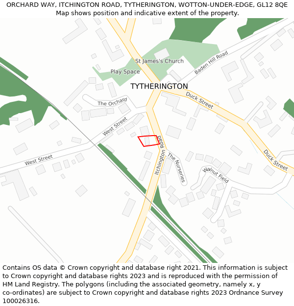 ORCHARD WAY, ITCHINGTON ROAD, TYTHERINGTON, WOTTON-UNDER-EDGE, GL12 8QE: Location map and indicative extent of plot