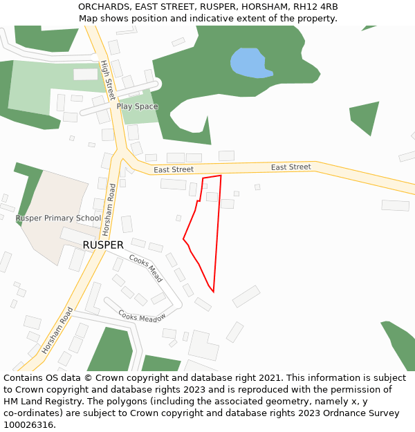 ORCHARDS, EAST STREET, RUSPER, HORSHAM, RH12 4RB: Location map and indicative extent of plot