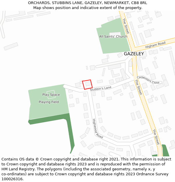ORCHARDS, STUBBINS LANE, GAZELEY, NEWMARKET, CB8 8RL: Location map and indicative extent of plot