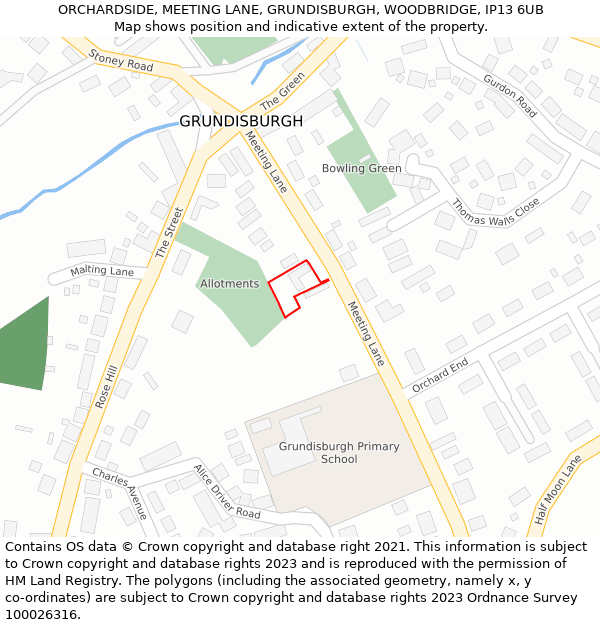 ORCHARDSIDE, MEETING LANE, GRUNDISBURGH, WOODBRIDGE, IP13 6UB: Location map and indicative extent of plot