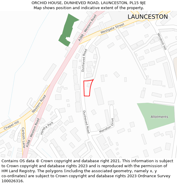 ORCHID HOUSE, DUNHEVED ROAD, LAUNCESTON, PL15 9JE: Location map and indicative extent of plot