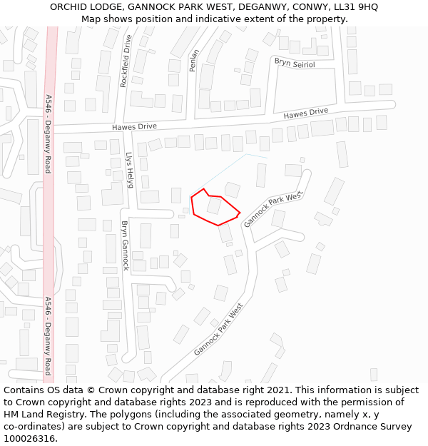 ORCHID LODGE, GANNOCK PARK WEST, DEGANWY, CONWY, LL31 9HQ: Location map and indicative extent of plot