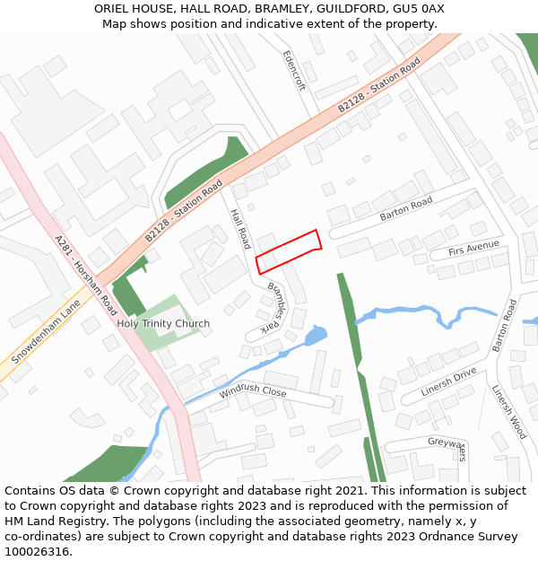 ORIEL HOUSE, HALL ROAD, BRAMLEY, GUILDFORD, GU5 0AX: Location map and indicative extent of plot
