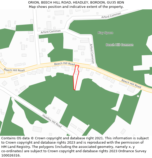 ORION, BEECH HILL ROAD, HEADLEY, BORDON, GU35 8DN: Location map and indicative extent of plot