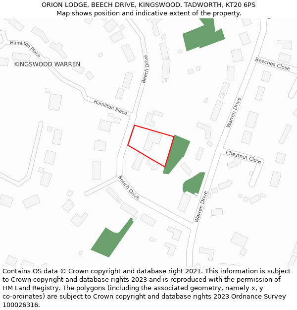 ORION LODGE, BEECH DRIVE, KINGSWOOD, TADWORTH, KT20 6PS: Location map and indicative extent of plot