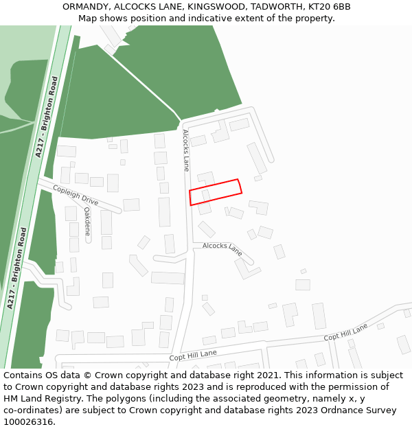 ORMANDY, ALCOCKS LANE, KINGSWOOD, TADWORTH, KT20 6BB: Location map and indicative extent of plot