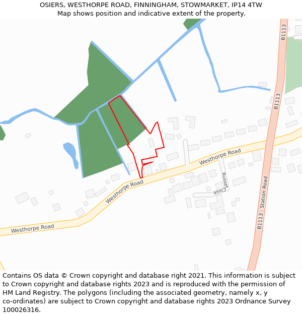 OSIERS, WESTHORPE ROAD, FINNINGHAM, STOWMARKET, IP14 4TW: Location map and indicative extent of plot