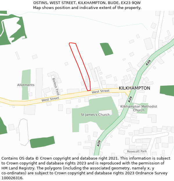 OSTINS, WEST STREET, KILKHAMPTON, BUDE, EX23 9QW: Location map and indicative extent of plot