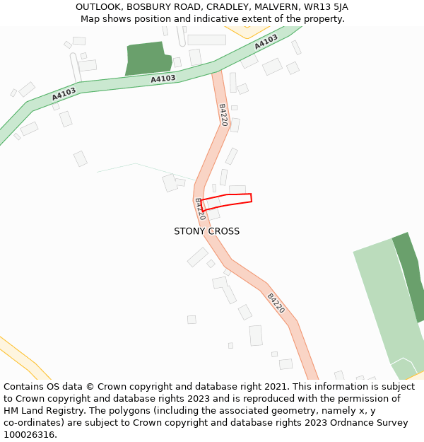 OUTLOOK, BOSBURY ROAD, CRADLEY, MALVERN, WR13 5JA: Location map and indicative extent of plot