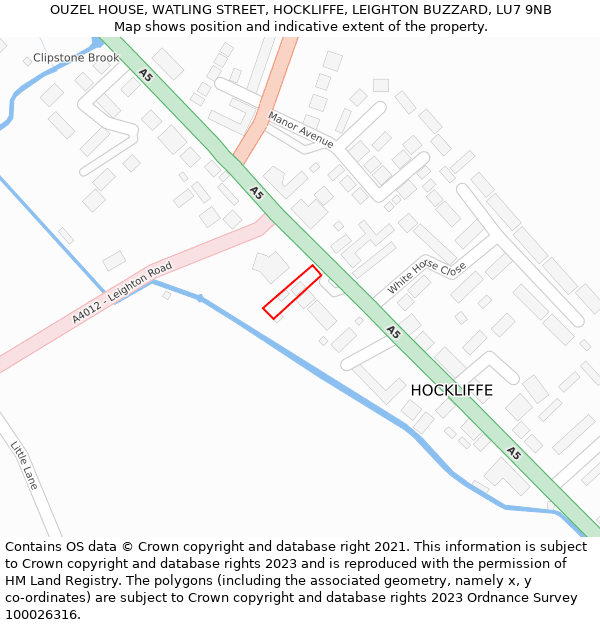 OUZEL HOUSE, WATLING STREET, HOCKLIFFE, LEIGHTON BUZZARD, LU7 9NB: Location map and indicative extent of plot