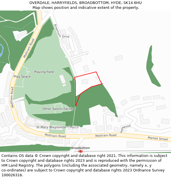 OVERDALE, HARRYFIELDS, BROADBOTTOM, HYDE, SK14 6HU: Location map and indicative extent of plot