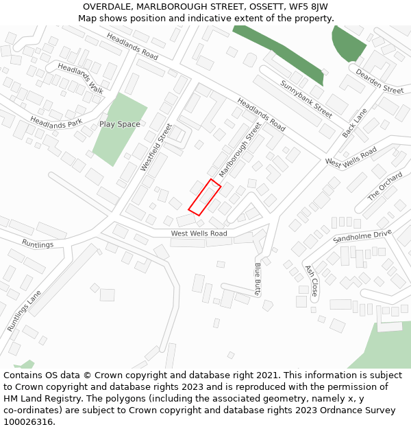 OVERDALE, MARLBOROUGH STREET, OSSETT, WF5 8JW: Location map and indicative extent of plot