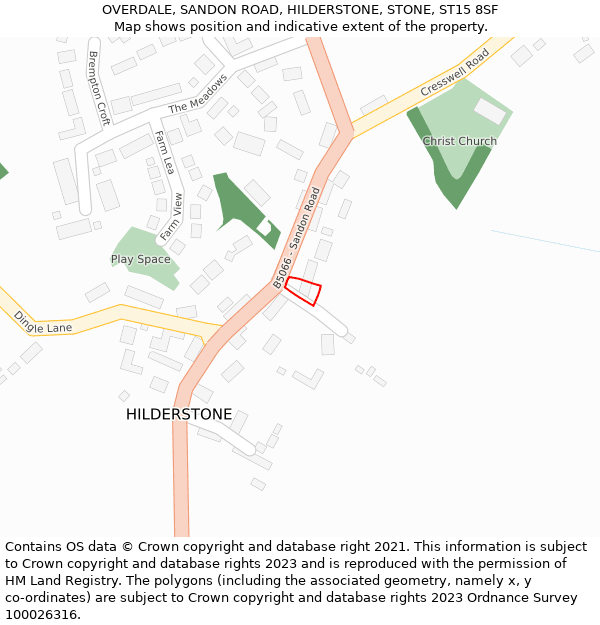 OVERDALE, SANDON ROAD, HILDERSTONE, STONE, ST15 8SF: Location map and indicative extent of plot