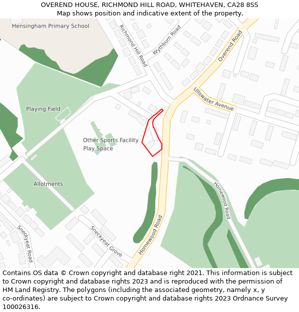 OVEREND HOUSE, RICHMOND HILL ROAD, WHITEHAVEN, CA28 8SS: Location map and indicative extent of plot