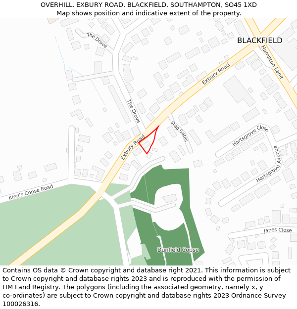 OVERHILL, EXBURY ROAD, BLACKFIELD, SOUTHAMPTON, SO45 1XD: Location map and indicative extent of plot