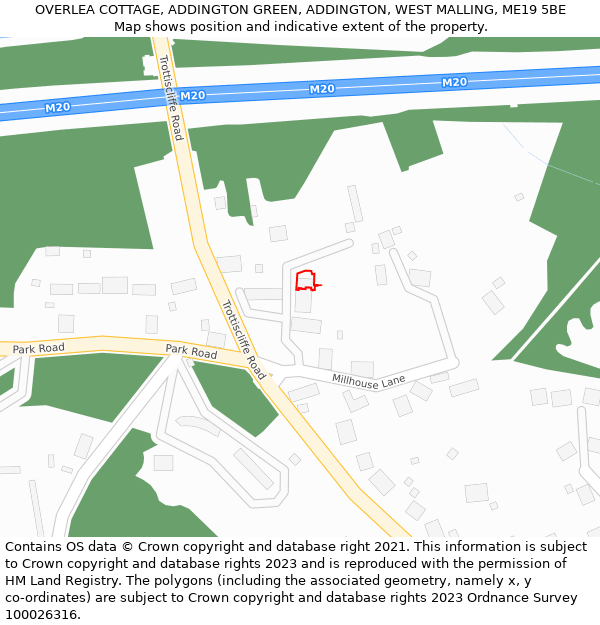 OVERLEA COTTAGE, ADDINGTON GREEN, ADDINGTON, WEST MALLING, ME19 5BE: Location map and indicative extent of plot