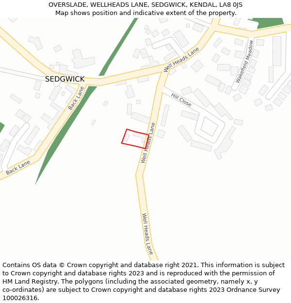 OVERSLADE, WELLHEADS LANE, SEDGWICK, KENDAL, LA8 0JS: Location map and indicative extent of plot