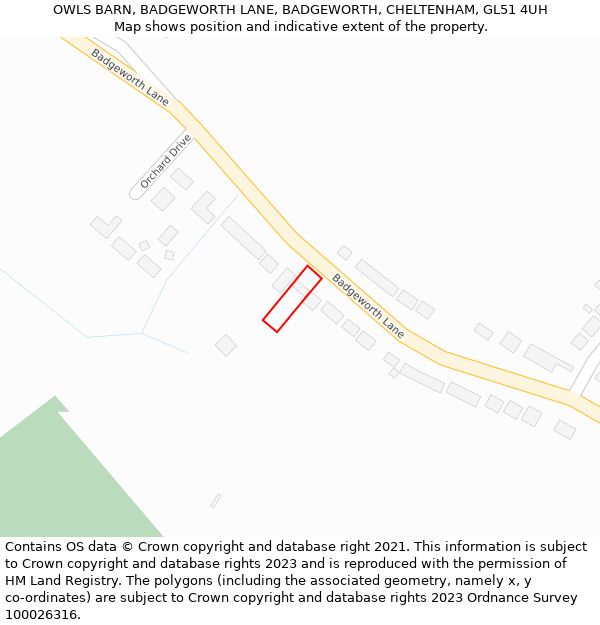 OWLS BARN, BADGEWORTH LANE, BADGEWORTH, CHELTENHAM, GL51 4UH: Location map and indicative extent of plot