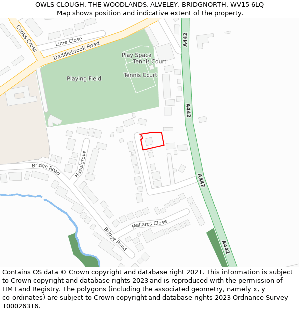 OWLS CLOUGH, THE WOODLANDS, ALVELEY, BRIDGNORTH, WV15 6LQ: Location map and indicative extent of plot