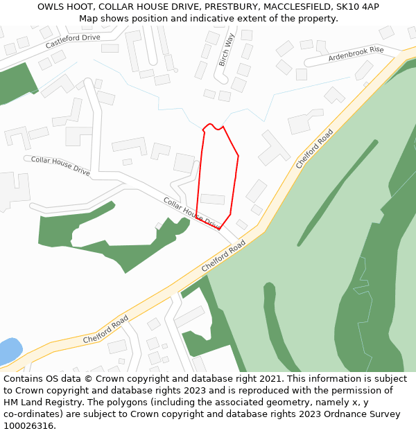 OWLS HOOT, COLLAR HOUSE DRIVE, PRESTBURY, MACCLESFIELD, SK10 4AP: Location map and indicative extent of plot