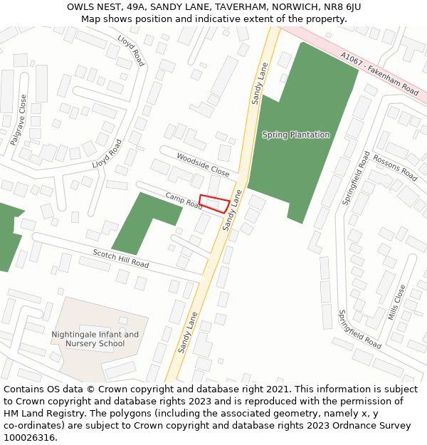 OWLS NEST, 49A, SANDY LANE, TAVERHAM, NORWICH, NR8 6JU: Location map and indicative extent of plot