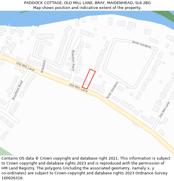 PADDOCK COTTAGE, OLD MILL LANE, BRAY, MAIDENHEAD, SL6 2BG: Location map and indicative extent of plot