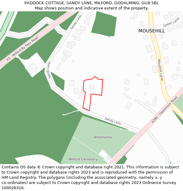 PADDOCK COTTAGE, SANDY LANE, MILFORD, GODALMING, GU8 5BL: Location map and indicative extent of plot