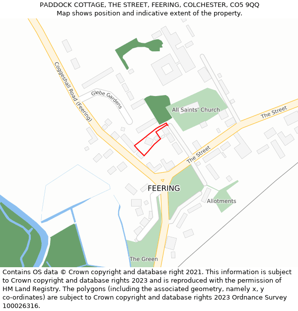 PADDOCK COTTAGE, THE STREET, FEERING, COLCHESTER, CO5 9QQ: Location map and indicative extent of plot